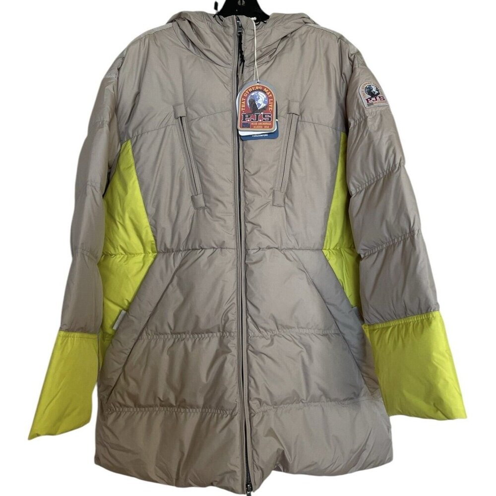 PARAJUMPERS Down Puffer Jacket Womens Size Medium M Beige Neon Yellow Coat $885